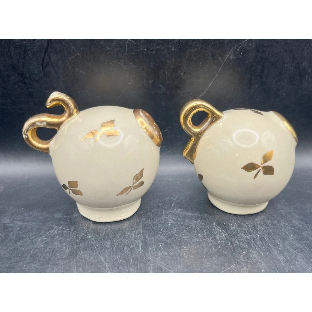 Vtg Ceramic White Salt & Pepper Shakers w/ Gold Leaves &‎ Handles- Ball-Shaped